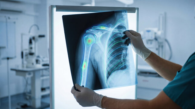 Medical shoulder xray scan doctor diagnostics ai healthcare radiology hospital doctor examines shoulder xray scan with ai diagnostics support modern healthcare radiology room for accurate injury