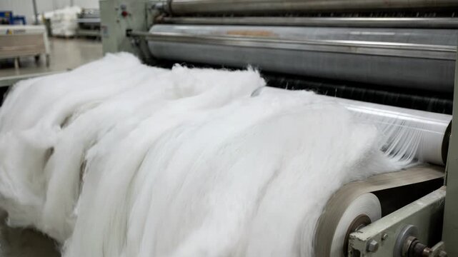 Medium shot of highloft fiberfill carding process creating soft fluffy layers for durable and comfortable pillow stuffing in a clean industrial setting.