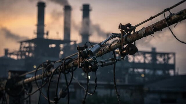 Poleclimbing cable robot navigating rusted telecom wires in an industrial area at dusk the factory silhouettes blending into an outoffocus smoky background.