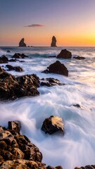 Obraz premium Dramatic long exposure of powerful ocean waves crashing against jagged rocks at sunset creating a dynamic coastal seascape