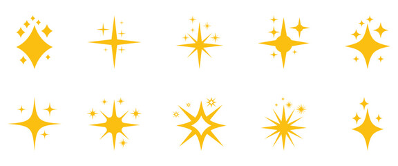 Obraz premium Different shapes bright yellow sparkle and shines. Vector graphic star elements are used in in graphic design for posters, banners, and logos.