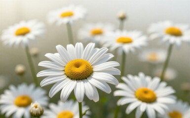 Obraz premium White daisies bloom in a soft sunlit field with gentle bokeh