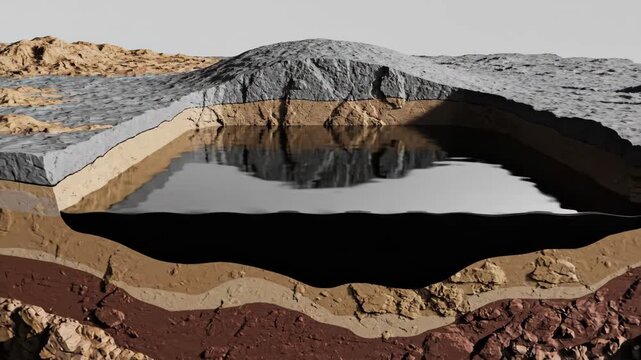 Detailed 3d render of an underground crude oil deposit within earth's geological layers, crucial for oil rigs.