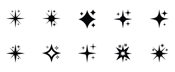 Fototapeta premium Different shapes black sparkle and shines on a white background. Vector graphic star elements ideal for graphic design, magical effects and decoration.