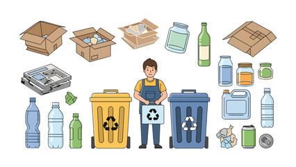 Sorting for Sustainability: A man stands amidst an assortment of recycling bins, symbolizing the dedication to sustainable living and the practice of waste management, inspiring a greener future. © hafs121