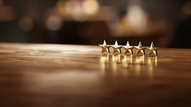 Warm glowing five-star symbol hovering over a textured wooden background, representing quality and recognition. ideal for product presentations, HRIS platforms, and performance dashboards.