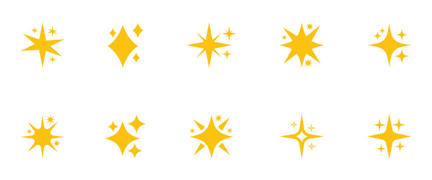 Yellow shape original star sparkles set in retro style. Vector icon collection. Sparkle icons indicate new content, features, and items.