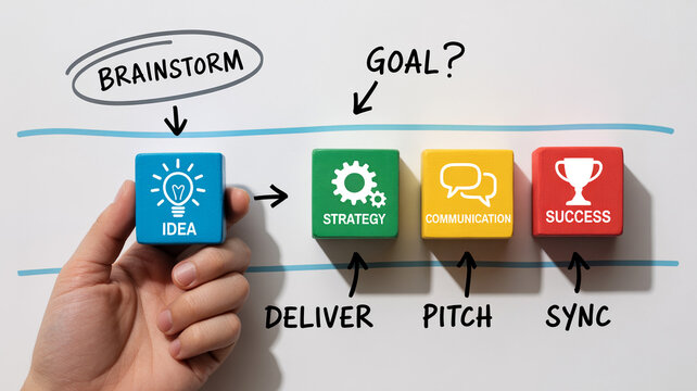 A human hand introduces the first idea block in a business process diagram with strategy communication and success leading to a clear goal