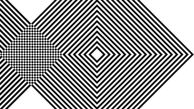 Op Art Geometric Motion Graphic &ndash; Black and White Seamless Loop.
A mesmerizing black and white optical illusion featuring pulsating geometric diamond patterns and intersecting diagonal lines.