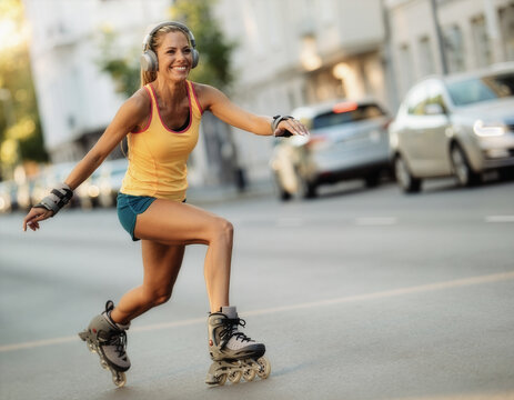 Happy active woman wearing headphones rollerblading on urban city street at golden hour