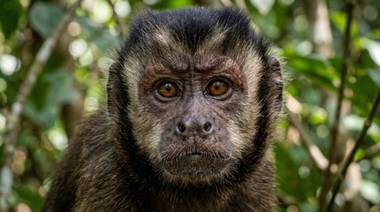 Obraz premium Capuchin monkey with a serious expression in a lush green forest setting