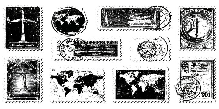 Vintage postage stamp set featuring grunge rubber stamps and aged antique postmarks on a collection of old postal mail paper with canceled perforated borders for retro philately correspondence