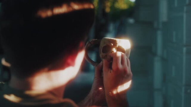 Thorough Visual Inspection Of Skull Illuminated From Behind With Cinematic Highlights And Shadows