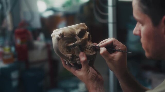 Technician Paints Skull In Workshop. Skilled Professional Decorates Skull Model Amid Workshop Tools