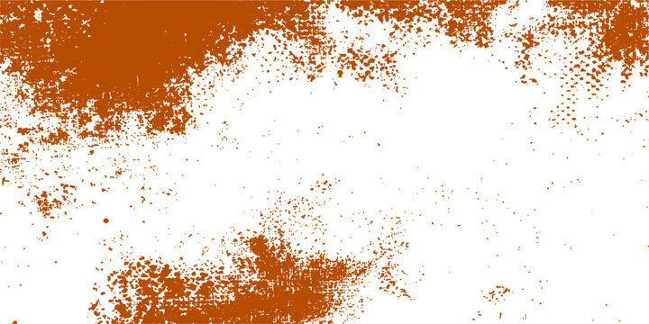 An orange abstract grunge background features a rusty metal texture with paint splashes and ink drops on a dirty wall design with space for text