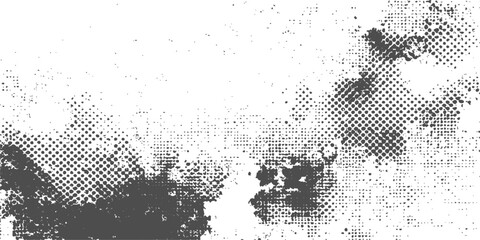 Black and white vector illustration of a black cat set against a grunge texture wallpaper featuring an ink splash world map and halftone dot pattern frame © hossain