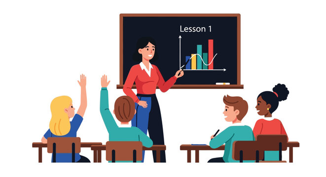 Teacher pointing to a graph on the blackboard in a classroom with students raising their hands