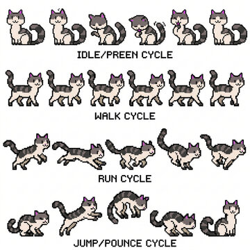 This illustration includes complete animation cycles such as idle/sit, running loop, and jump/pounce sequences, this asset is perfect for 2D games, indie game development, mobile apps, and retro-style