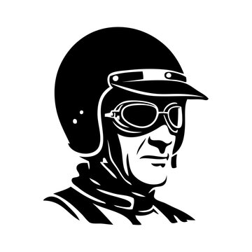 Logotipo con dibujo minimalista de la cabeza de un hombre con casco de motociclista y gafas de protecci&oacute;n estilo retro 