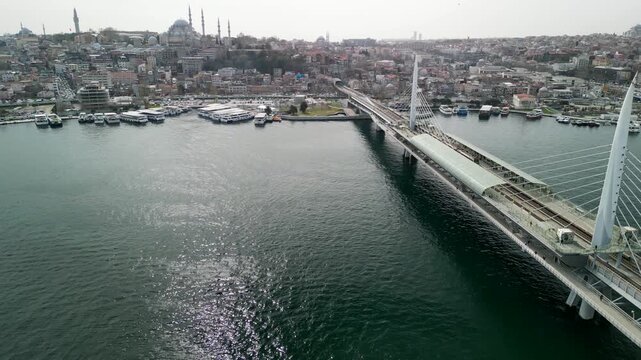 The area around the Halych Bridge in Istanbul, cityscape descending shot