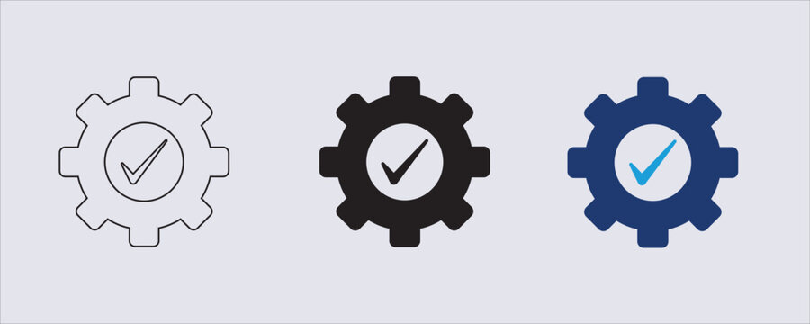 A quality control icon, featuring a gear with a checkmark inside, It is commonly used to represent an approved process, system validation, or engineering development success.