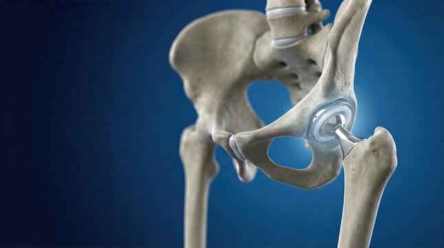 Detailed 3D illustration of a human hip joint with prosthetic implant, showcasing the intricate design and functionality of modern orthopedic solutions for mobility enhancement
