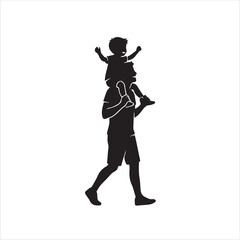 Obraz premium Silhouette of a father carrying his son on shoulders while walking on white background