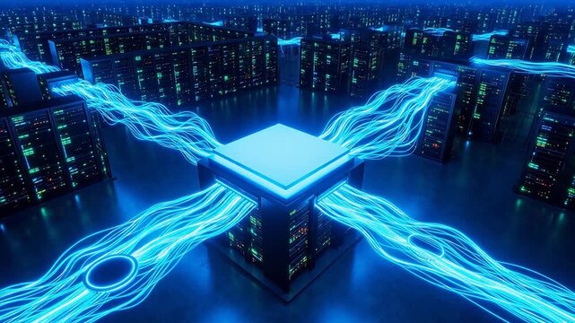 Data center server racks with glowing connections