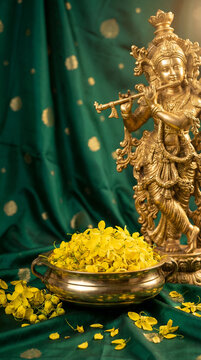 Emerald Green Silk Vishu Background with Golden Krishna Statue &ndash; Luxury Kerala Festival Banner