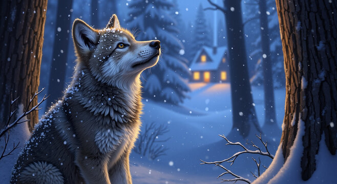 A young wolf cub in a snowy winter forest, soft blue twilight with warm light from the window of a distant house, gentle snowfall, a peaceful and contemplative mood