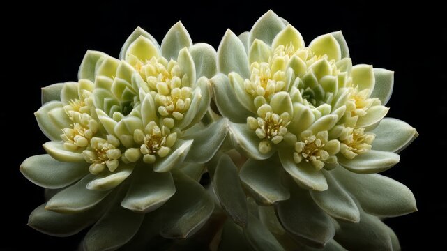 Close-up Studio Shot of Two Symmetrical Succulent Plants on a Black Background