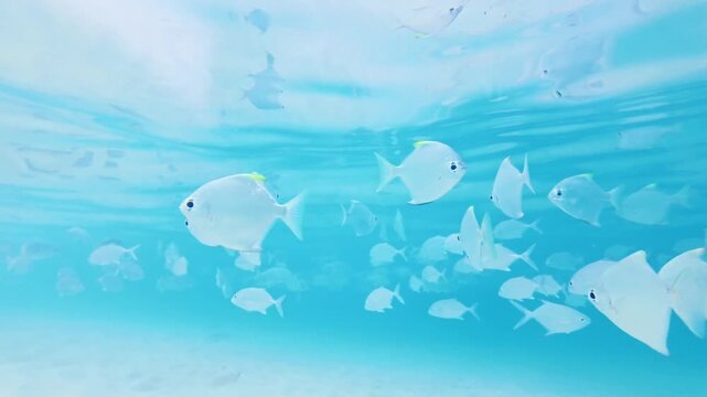 Wide Shot of Batfish School Swimming in Shimmering Turquoise Sea in Hikkaduwa. A wide-angle view of a silver fish school moving through the upper layers of a clear tropical ocean.