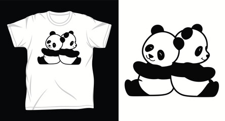 Two adorable cartoon pandas sitting and hugging each other, cute panda friends embracing, t-shirt design © T-shirt Hub