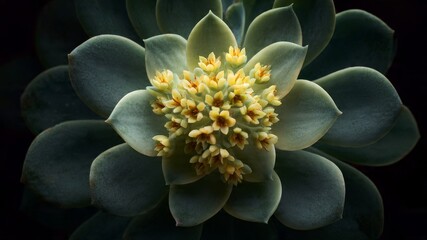Fototapeta premium Close-up macro shot of a succulent plant's bloom, showcasing delicate yellow and red flowers amidst muted green leaves against a dark background.