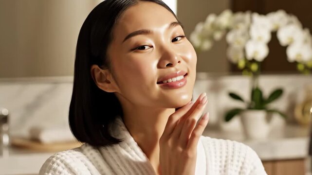 Beautiful asian woman applying skincare cream