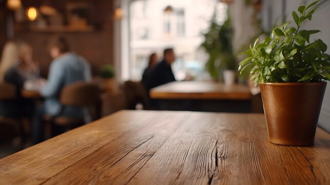 Cozy cafe interior with a wooden table and potted plant in the foreground blurred background with people conversing