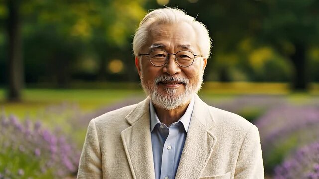 A wise and distinguished senior Asian man with a neatly trimmed white beard and glasses smiles serenely in a lush green park filled with lavender flowers.