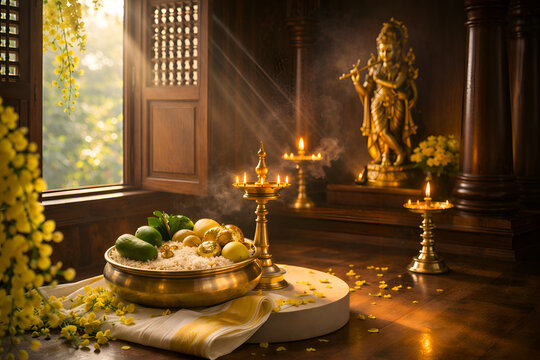 Kerala Vishukkani by Wooden Window in Morning Sunlight &ndash; Traditional Festival Background 16:9