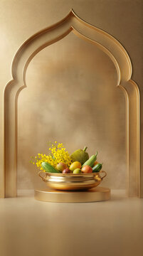 Ultra Premium Vishu Gold Arch Stage with Krishna Statue &ndash; Luxury Kerala Festival Vertical Poster