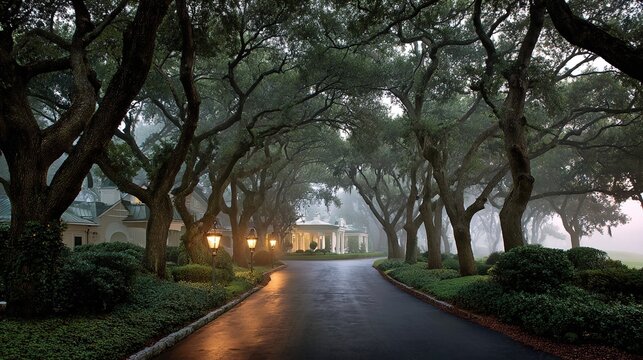 Oak Tree Lined Estate Driveway in Fog, Warm Lit Southern Classical Mansion Landscape