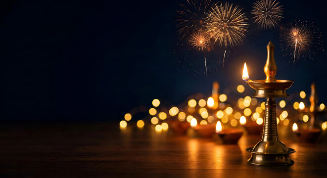 Vishu Celebration Fireworks Background with Golden Krishna Statue &ndash; Luxury Festival Banner 16:9