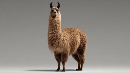 Obraz premium Full body shot of a fluffy brown llama standing on a plain gray background.