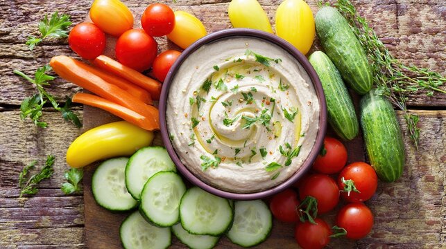 hummus. Fresh vegetable platter with hummus and herbs arranged on a rustic wooden table, showcasing healthy eating. menu design.