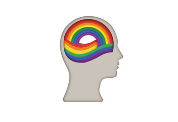 LGBTQ+ Pride Month Concept with Rainbow Brain in Human Head Silhouette Paper Cut Style