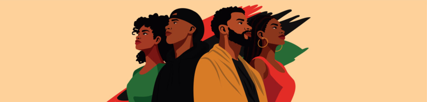 Juneteenth, African American Freedom Day, Independence Day, Emancipation Day, June 19th. Men and women looking upward in color palette symbol liberation, equality, empowerment, unity. Vector banner