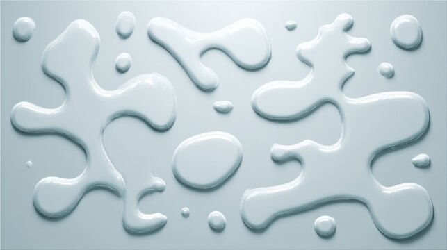 An array of stylized, glossy white spills and droplets on a light blue surface