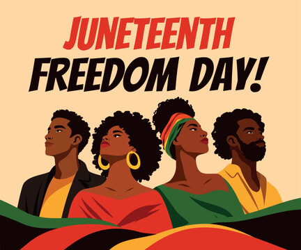 Juneteenth, June 19, Emancipation Day, African American Freedom Day, Independence Day. Men and women looking upward in color palette symbol liberation, equality, empowerment, unity. Vector banner