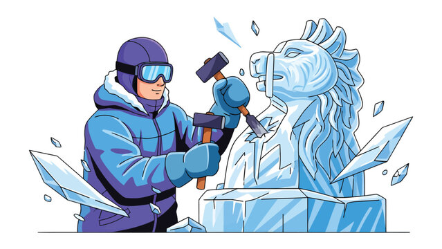 Ice Sculpture Artist at Work: An artist meticulously sculpts a stunning ice creation, a display of skill and artistry, showing the transformation of ice into a masterpiece. 