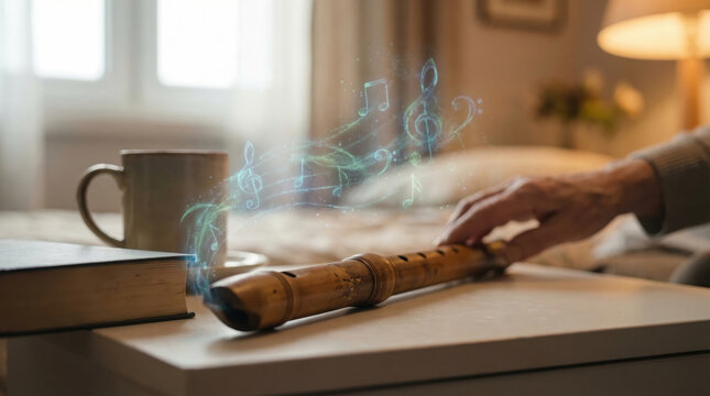 Art music therapy flute magic note glow comfort calm interior coffee table book morning light window cozy bedroom wooden instrument hand senior relaxation creative imagination healing