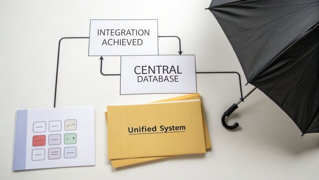 Central Database Integration Process with Unified System Documentation and Umbrella Symbolizing Protection and Support
